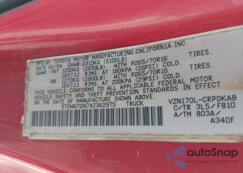 2004 Toyota Tacoma Base V6 from USA, damaged, VIN 5TEWN72N74Z362975